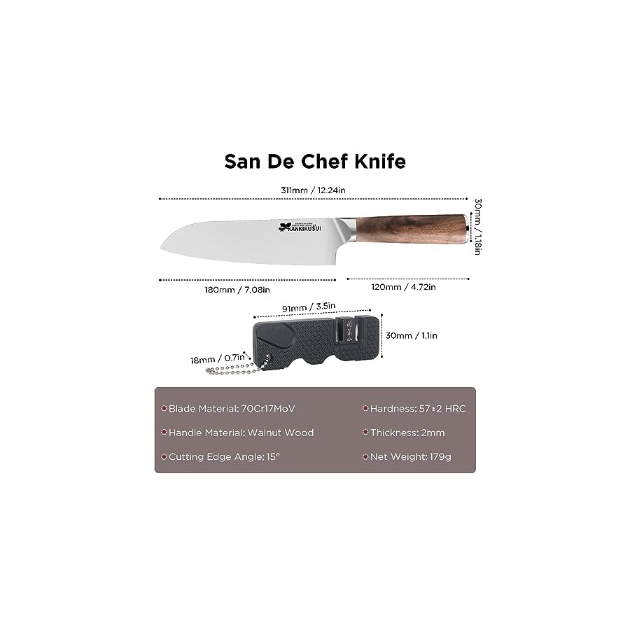 KANKIKUSUI Chef Knife 7" with Sheath/Sharpener/Polishing Cloth/Gift Box, 70CR17MOV High Carbon Superior Japanese Steel