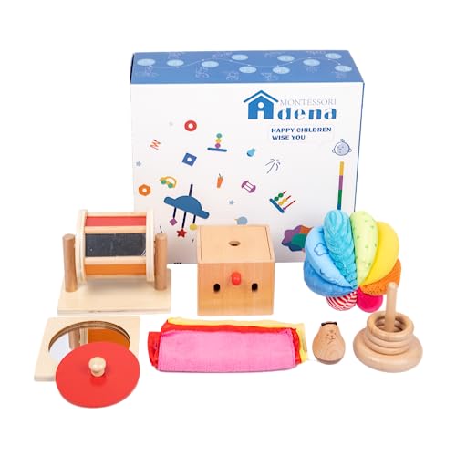 Image of Adena Montessori Play Kit for 5-6 Months Baby,8 in 1 Learning Educational Toys for Toddler,Include Rainbow Spining Drum,Mirror Puzzle,Baby Tissue Box and More,Christmas Birthday Gift for Boys Girl