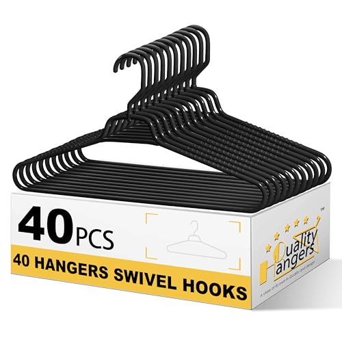 quality hangers heavy duty black plastic hangers 40-pack with swivel hook | 7mm thick non slip coat hangers with accessory bar | ideal clothes hangers plastic for everyday use | 17 inches (40, black)