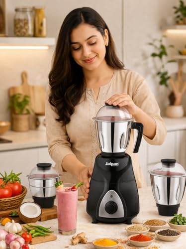 Image of Jaipan Black Beauty Mixer Grinder 900W with 3 Stainless Steel Jars | Heavy Duty Motor | 3 Speed Incher Control | Overload Protection | Durable ABS Body | Polycarbonate Lids | Sharp SS Blades | Black