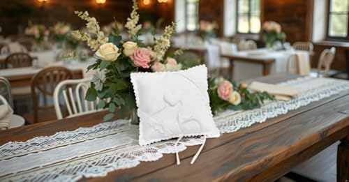 Miss Lovely Ringkissen Hochzeit & Standesam mit Herz & Spitze Traukissen für Ehe-Ringe in Leinen-Optik mit Satin-Schleife Hochzeitsdekoration Accessoires & Zubehör (Herz Creme & Weiß)