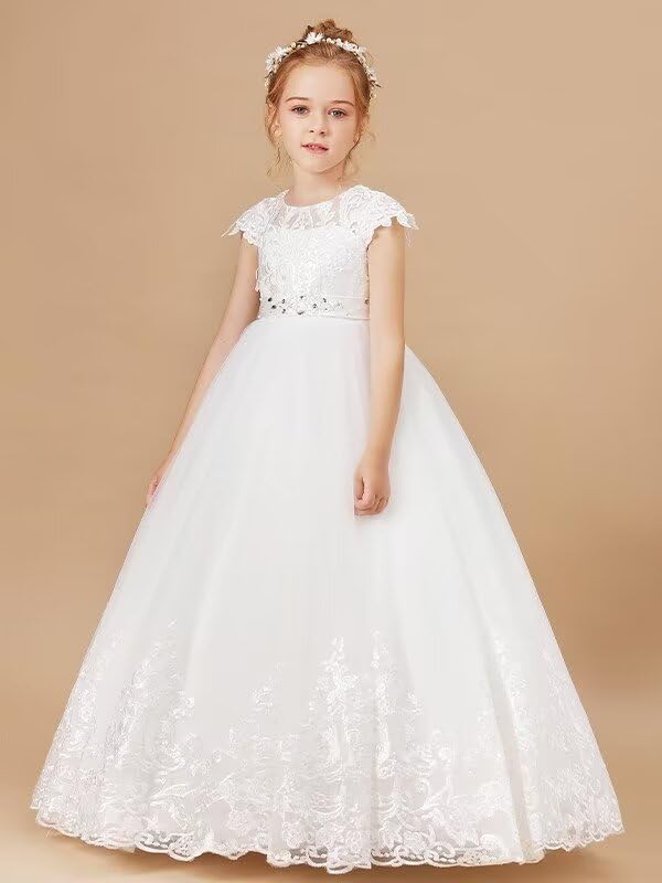 Ball Gown Flower Girl Dresses Tulle Applique Scoop Short Sleeves Ankle Length Princess Birthday Gowns4