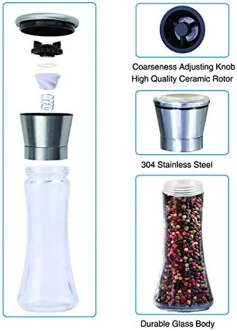 Salt and Pepper Mill Set with Stainless Stand, Adjustable Coarseness Refillable Salt and Pepper Grinder Set of 2, Ceramic Grinding Core and Durable GlassTall
