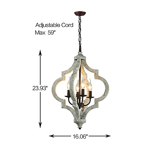 Philomena French Country Farmhouse Dining Room Chandelier, 4-Light Distressed White Coastal Boho Pendant Light Rustic Light Fixtures Hanging Kitchen Island Bedroom Foyer Entryway, Olive Solid Wooden #TOP3