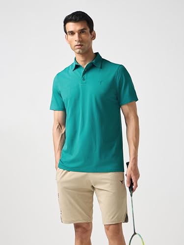 Image of TECHNOSPORT Men's Solid Slim Fit Polo Collar T-Shirt COTFLEX Half Sleeve Button Polyester for Gym Running Workout UPF50+ Anti Odour