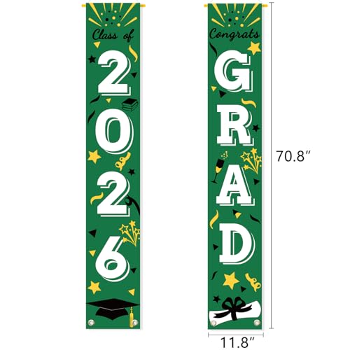Image of Graduation Porch Banner Class Sign Congrats Grad Hanging Flags High School College University Party Decoration For Front Door Outdoor Green White