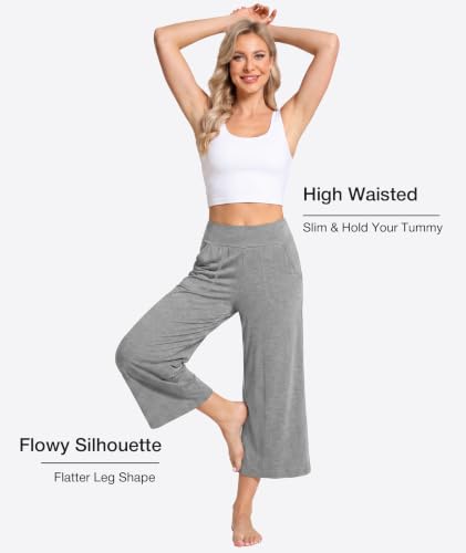 Image of GYS Bamboo Viscose Wide Leg Gaucho Cropped Pants, High Waist Capris Cloud-Soft Pajama Pants with Pockets, Flowy Yoga Pants