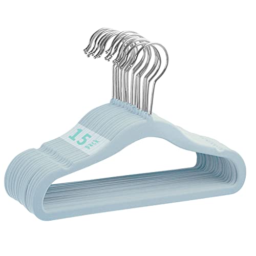 Image of Mangokit Kids Velvet Hangers 15 Pack, 11 Inch Size Non-Slip Baby Hangers, Space-Saving Nursery Hangers, Perfect Infant/Toddler Clothes Hangers for Daily Use(Blue)