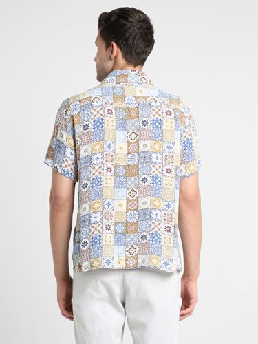 Image of Dennis Lingo Men's Rayon White Printed Relaxed Fit Cuban Collar Half Sleeve Casual Shirt