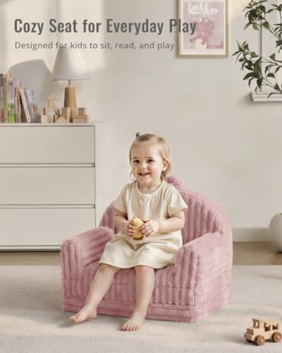 Image of Blissful Diary Foldable Kids Couch, 2-in-1 Comfy Kids Chair for Reading, Playroom, Kids Couch Sofa for Girls Boys Birthday Gift, Blush Pink