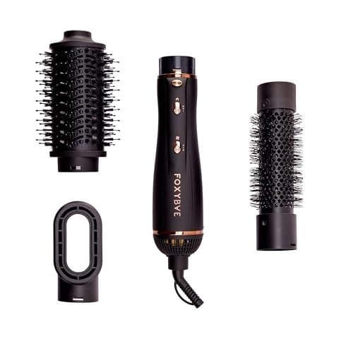 FoxyBae 3-in-1 Ceramic Interchangeable Hair Tools - Blowout Dryer - 3 Detachable Heads: 2.4" Blowout Brush, 1.5" Hot Round Brush & Drying Cylinder Hair Dryer Brush & Hair Styling Set [Black Rose-Gold] Cover