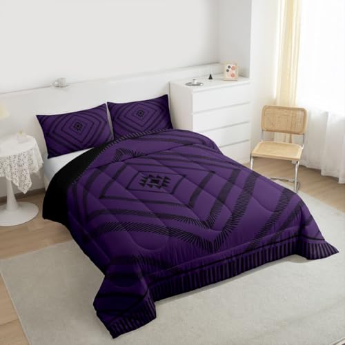 Image of Feelyou Boho Bedding Set Soft for Boys Girls, Purple Moroccan Style Comforter Set Twin Size Classic Diamond Pattern Duvet Quilt Microfiber Aztec Bedroom Decor 2 Pcs with 1 Pillow Cases