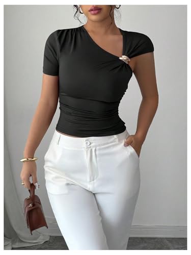 Milumia Women's Metal Asymmetrical Neck Short Sleeve T Shirt Ruched Slim Fit Going Out Tee Tops2