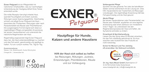 Exner Petguard Fellpflege für Hunde, Katzen & andere Haustiere - Mittel bei Juckreiz, Haarausfall, Entzündung, Parasiten, Räude, Milben & Pilzbefall - biologisch & natürlich - 500 ml Sprühflasche