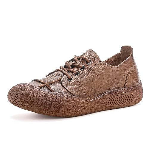 Women's Genuine Leather Platform Walking Shoes Retro Anti-Collision Round Toe Lace-up Anti-Slip Soft Bottom Casual Sneakers for Work Office Sports Shoes