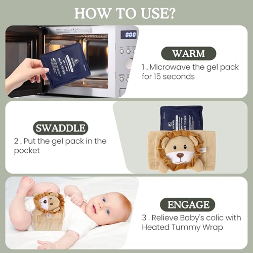 Image of Baby Colic and Gas Relief, Heated Tummy Wrap for Newborns Belly Relief by Soothing Warmth, Baby Heating Pad Swaddling Belt Relief & Soothe Gas, Colic and Upset Stomach in Babies and Toddlers (Lion)
