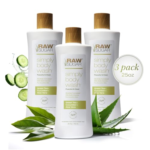 RAW SUGAR Sensitive Skin Simply Body Wash - Green Tea + Cucumber + Aloe Vera, Moisturizing & Brightening Bath & Shower Gel, Sulfate-Free, Paraben-Free & Vegan (Pack of 3)
