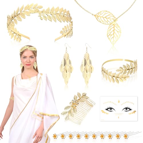 DPKOW Accesorios de Disfraz de Diosa Griega para Mujer, Conjunto de Joyas de Diosa Griega, Diadema, Peine, Clip para el Pelo, Collar de Laurel Romano, Pendientes, Pulsera, Tatuaje Facial para Mujer - imagen 2