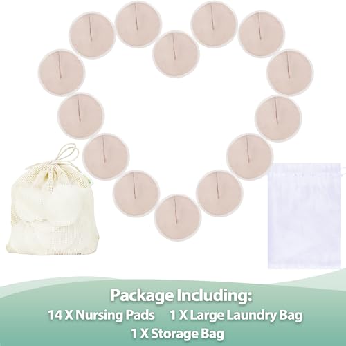 Image of wegreeco Nursing Breast Pads (14 Pack) + Laundry Bag & Travel Storage Bag, 4.7 inch - Washable & Reusable Breastfeeding Nursing Pads (Rose Gold, Large, Contoured Shape)