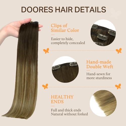 Image of DOORES Balayage Hair Extensions Clip in Dark Brown Fading to Chestnut Brown and Dirty Blonde Natural Clip in Human Hair Extensions Straight Thick 24 Inch 120g 7pcs