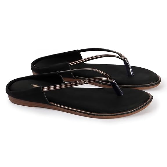 Image of Women's Brown Flip Flop Sandals, Thong Style, Metallic Strap, Casual Flat Footwear