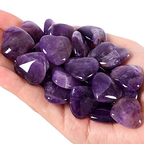 Image of QINJIEJIE 20 PCS Amethyst Heart Crystal Purple Healing Crystals Natural Cute Stones Pocket Healing Palm Love Bulk Set Wholesale Reiki Energy Balancing Meditation Valentine's Day Gift