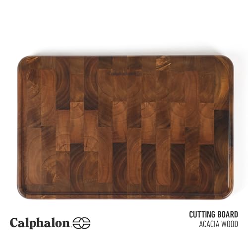 Image of Calphalon Edge Guard Cutting Board, 13.6 x 9.5-Inch End-Grain Acacia Wood Cutting Board, Wooden Chopping Block for Stable Cutting & Food Prep