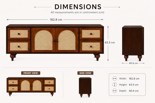 Image of Premium Solid Wood, 10 Minutes Assembly (Legs Only), Aesthetic Rattan Doors, Mid Century Entertainment Center for Living Room, TV Stand for 65 inch TV, Dark Chocolate (Walnut Brown)