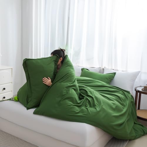 Image of SheRest Olive Green Duvet Cover - Soft Brushed Microfiber, 3 Pieces, 1 Duvet Cover 90x90 Inches with Zipper Closure 8 Ties & 2 Pillow Shams, Breathable Bedding Set for All Season, Queen (No Comforter)