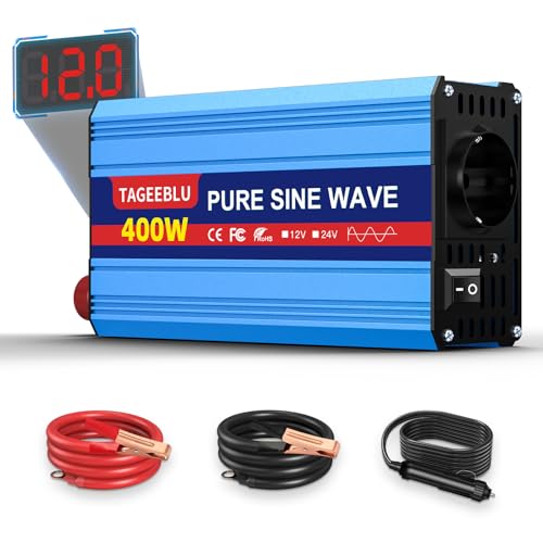 TAGEEBLU 400W wechselrichter 12v auf 230v Reiner Sinus spannungswandler 12v 230v Wechselrichter für Fahrzeuge mit Alligatorclip AC Steckdose und LCD Bildschirm