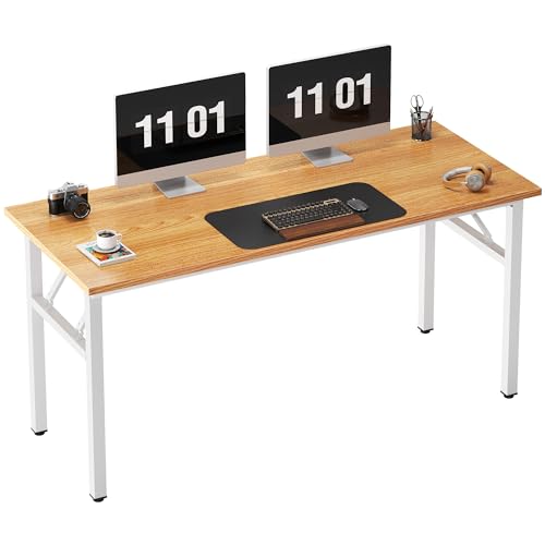 Image of Need Folding Computer Desk, 55 inches Large Home Office Desk, Student Study Desk Writing Desk Workstation, No Assembly Needed, Teak and White