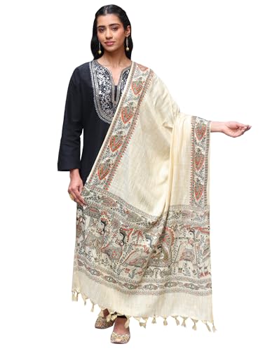 Women's Khadi Cotton Shawl with Madhubani Art Print | Beautiful Design Soft Weave Stole, Scarf for Girl