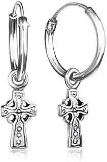 925 Sterling Silver Hoop Earring with Cross Charm Dangling