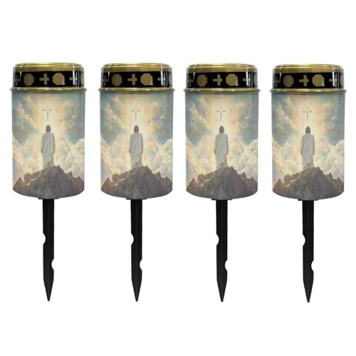 Image of Poceacles 4 Pack Cross Solar Candle Cemetery LED Garden Lights - Outdoor Waterproof with Dusk to Dawn Sensor, God Cross Light