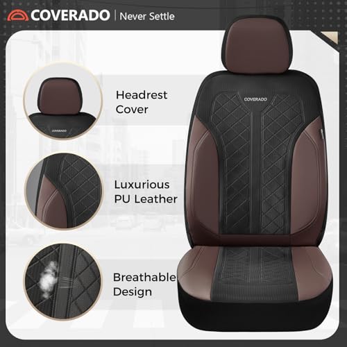 Image of Coverado Seat Covers for Car 5 Seats, Leather Car Seat Covers Fullset, Breathable Mesh Front and Rear Protectors, Coffee Luxury Automotive Covers, Universal Fit for SUV, Truck, Sedan