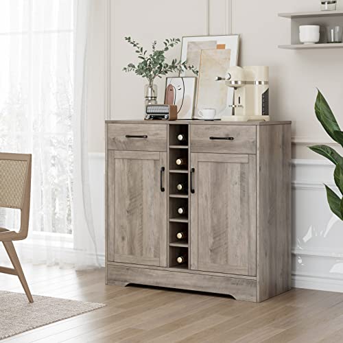 Hostack Wine Bar Cabinet For Liquor And Glasses, Coffee Bar Cabinet With Drawers And 6-Bottle Wine Rack, Buffet Sideboard Cupboard For Dining Room, Living Room, Grey #TOP3