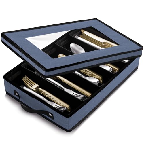 Image of Hearth & Harbor Flatware Organizer for Drawer, Silverware Storage Box, Blue