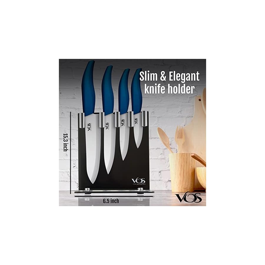 Vos Ceramic Knife Set With Block, Ceramic Knives Set For Kitchen, Ceramic Kitchen Knives With Holder, Ceramic Paring Knife 3", 4", 5", 6" Inch Blue