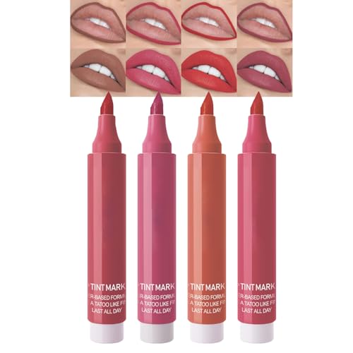 Lip Stain Set, 4 Farben Wasserfest & Lang Anhaltend Lip Tint mit Matte Finish, Hochpigmentiert & Wischfest Flüssigkeit Lipliner Tattoo, Natürlich Definierend Lippenkonturenstift, Lippen Make Up Set