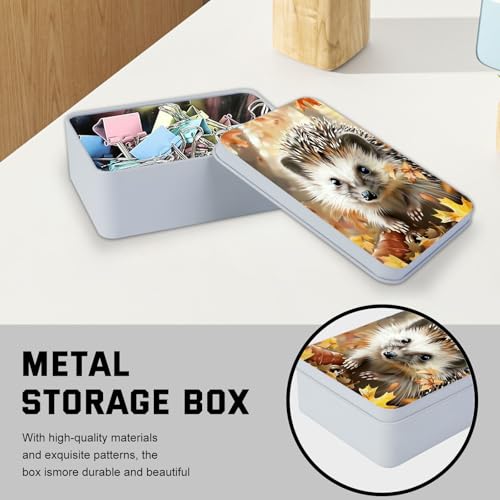 Image of Metal Tin Box with Lid,Multi-functional Storage Large Box Can Store Tea Biscuits Game Cards, Playing & Tarot Cards-Comes with 4 Magnetic Cord Clips,Hedgehog in Autumn Leaves