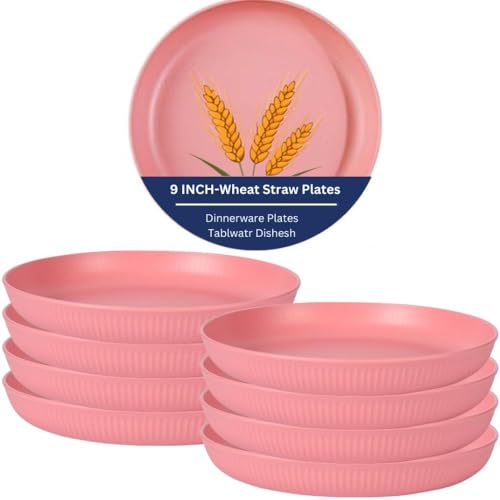 Image of Wheat Straw & Bamboo Fiber Plates Set, Lightweight Unbreakable Dinner Plates, Microwave and Dishwasher Safe, Plates Easy to Clean & Reusable (9 Inches, Pink, Set of 8)