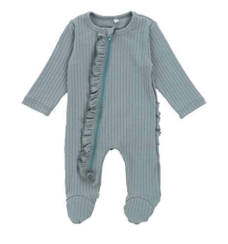 Imcute Newborn Baby Unisex Footed Romper Baby Girls Ruffle Long Sleeve Footie Zip Up Outfits Autumn Clothes(Ruffle Blue, 0-3 Months)