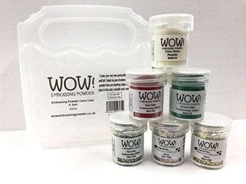 WOW! Embossing Powder and Glitter Christmas Holiday Colors 6-Pack Kit and Clear Carrying Case - Bundle 7 Items