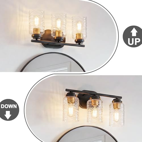 Image of 3-Light Bathroom Light Fixtures, 18 Inches Black Gold Vanity Light | Thick Water Ripple Clear Glass, Bathroom Wall Lamp for Mirror, Rust-Proof, Up /Down Mount, ETL Certified, E26 Ceramic Sockets