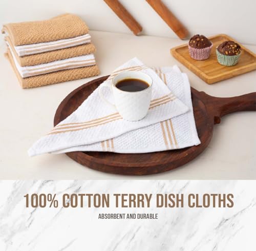 Image of LANE LINEN 16 Piece Kitchen Dish Cloths Set - 100% Cotton Dish Towels, Heat Resistant Kitchen Mittens and Pot Holder Set, Reusable Dish Rags for Washing Dishes, Dish Towels for Kitchen Drying - Beige