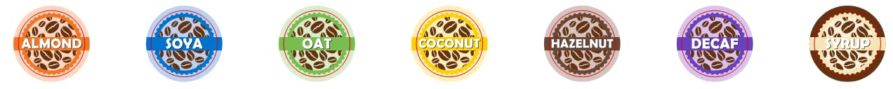 Coffee Shop Labels, Complete Set, Almond, Coconut, Decaf, Hazelnut, Oat, SOYA, Syrup 20mm, 1000 Labels per roll. 7000 Total for Set