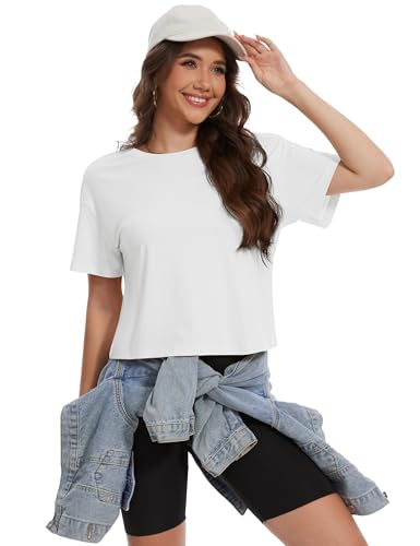YUCOLEN Women's Crop Tops Summer Short Sleeve Cotton UPF 50+ Round Neck Casual Loose Cropped T-Shirts Solid Basic Tees4