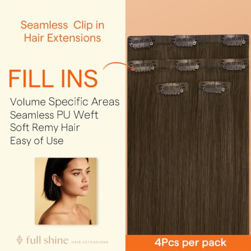 Image of Full Shine Seamless Clip in Hair Extensions, Chestnut Brown | Brown Hair Extensions, 16 Inch 65g 4 Pcs, Fill Thinning Sides, Silky Straight, Coffee Dates, Fine Hair, Easy to Blend