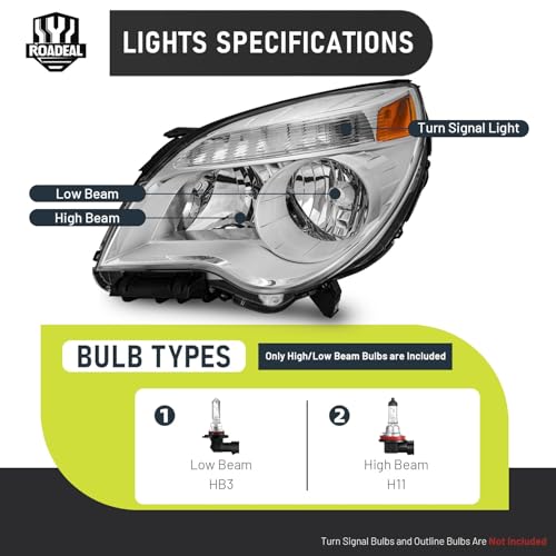 Image of Headlights for 2010-2015 Chevy Equinox LS /LT Model | Halogen Headlamp Replacement with High Low Beam Bulbs, Chrome Housing, Driver & Passenger Side