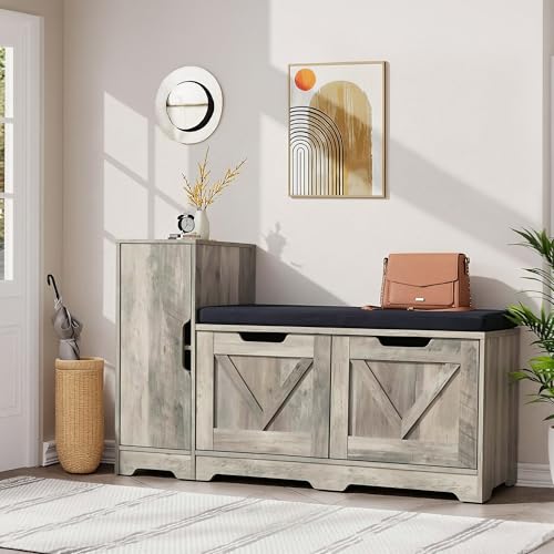 YITAHOME Banc à Chaussures, Meuble Chaussure Banc avec Siège Rembourré et Coussin, Double Porte Ouverte Rangement Chaussure avec Armoires Latérales, Meuble...